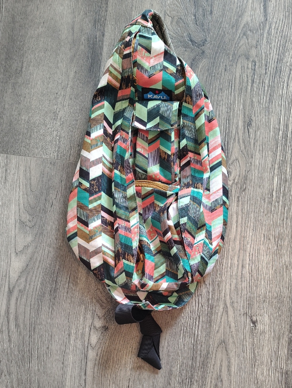 Kavu Chevron Sling Bag in Teal, Coral, Cream and Black